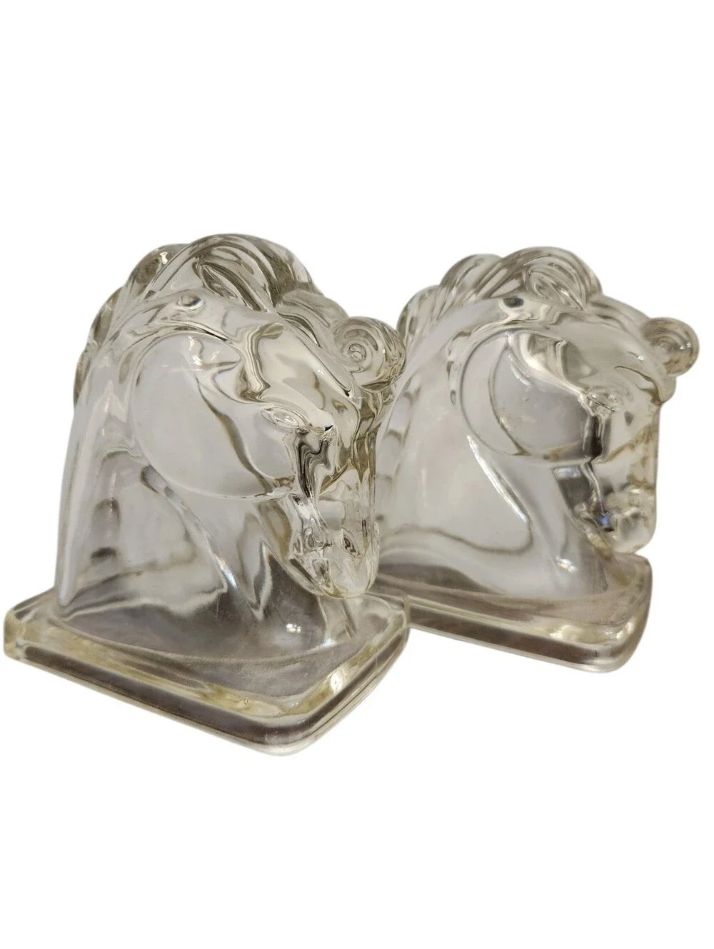 Vintage Mid Century Clear Glass Horse Head Bookends Paperweights Art Deco Hollow